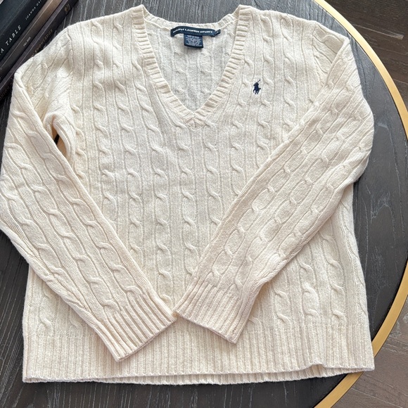 Ralph Lauren Ivory V-Neck Cable Knit Sweater - Picture 4 of 13